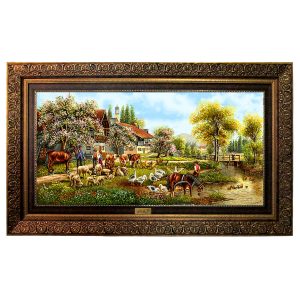 خرید تابلو فرش ماشینی نقش نگار رضوی طرح منظره روستایی کد 745CB